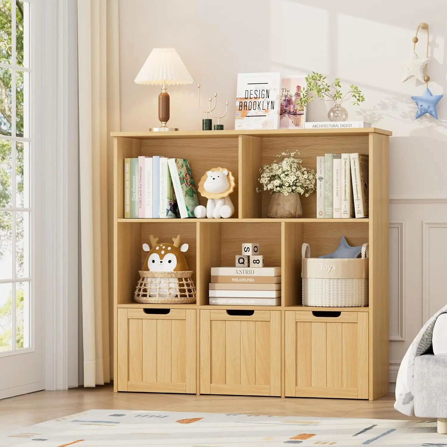 

Multifunctional Toy Storage Organizer With Movable Drawers Hidden Wheels Cubbies Chest Cabinet For Playroom Natural