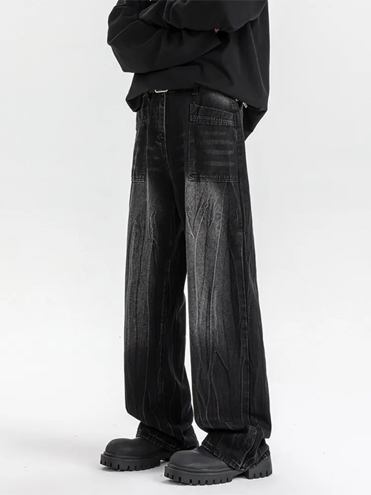 

American High Street Retro Lightning Pattern Loose Straight Leg Jeans for Men Spring Autumn New Style Wide Leg Boys Pants