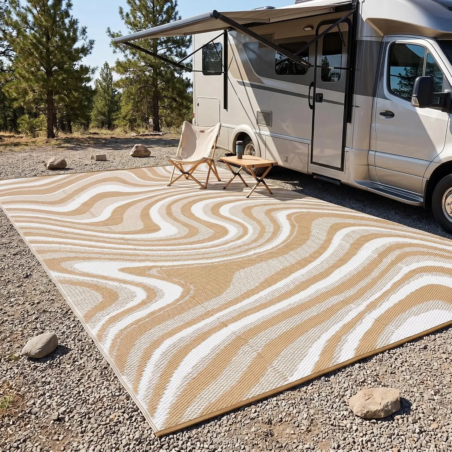 Outdoor Rug PP Woven Mat Waterproof Reversible Portable Carpet for Patio RV Backyard Beach Balcony 9x18ft Beige/Light Brown/Whit