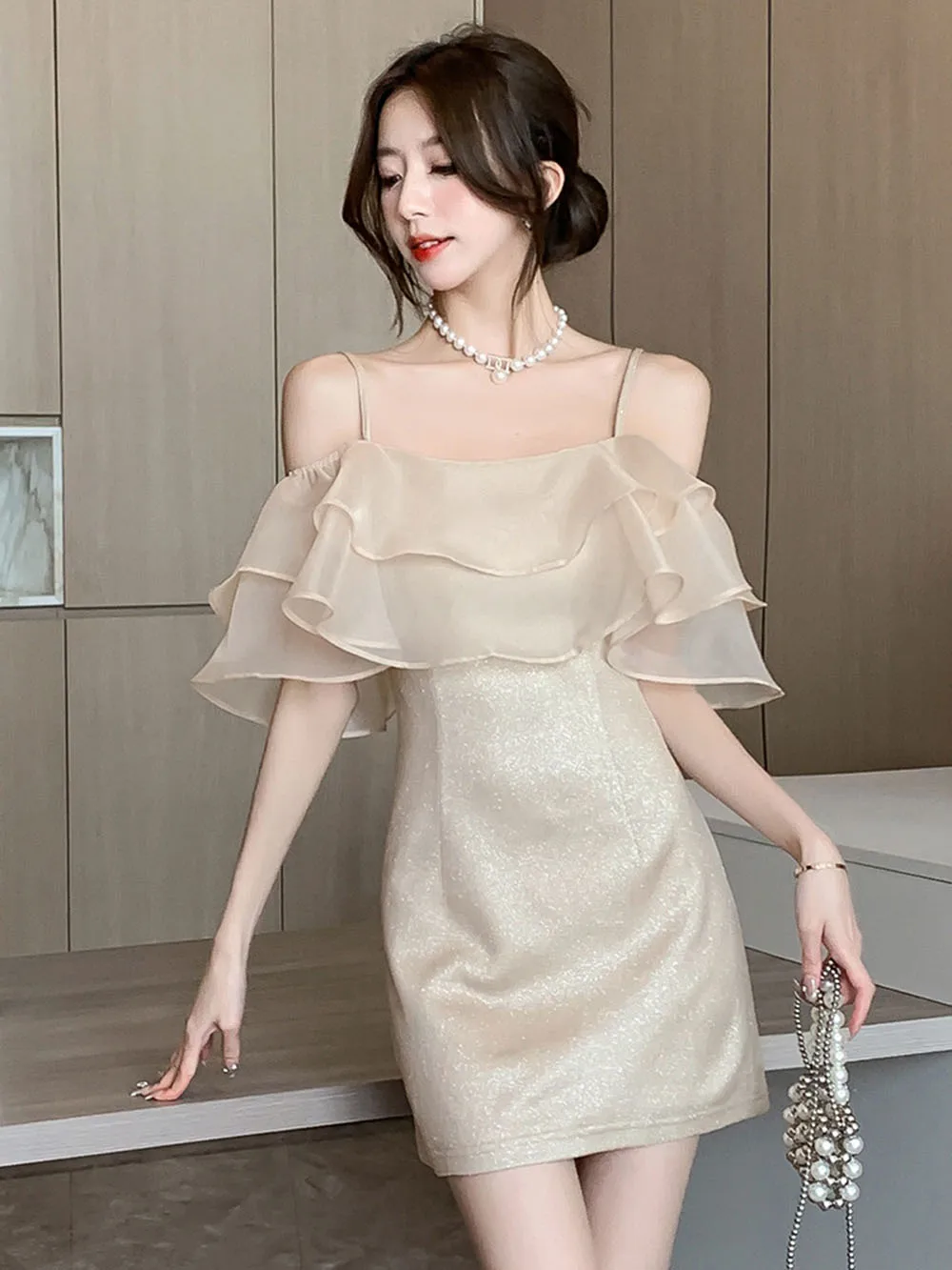 Eelgant Champagne Dress Women's Summer Off Shoulder Puff Organza Ruffles Collar Sweet Shinning Birthday Party Female Dress