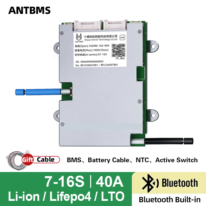 Smart ANT BMS 7S 8S 10S 12S 16S 20S 22S Li-ion Lifepo4 LTO Battery 24V 36V 48V 60V 72V continuous 40A peak 100A smart balance
