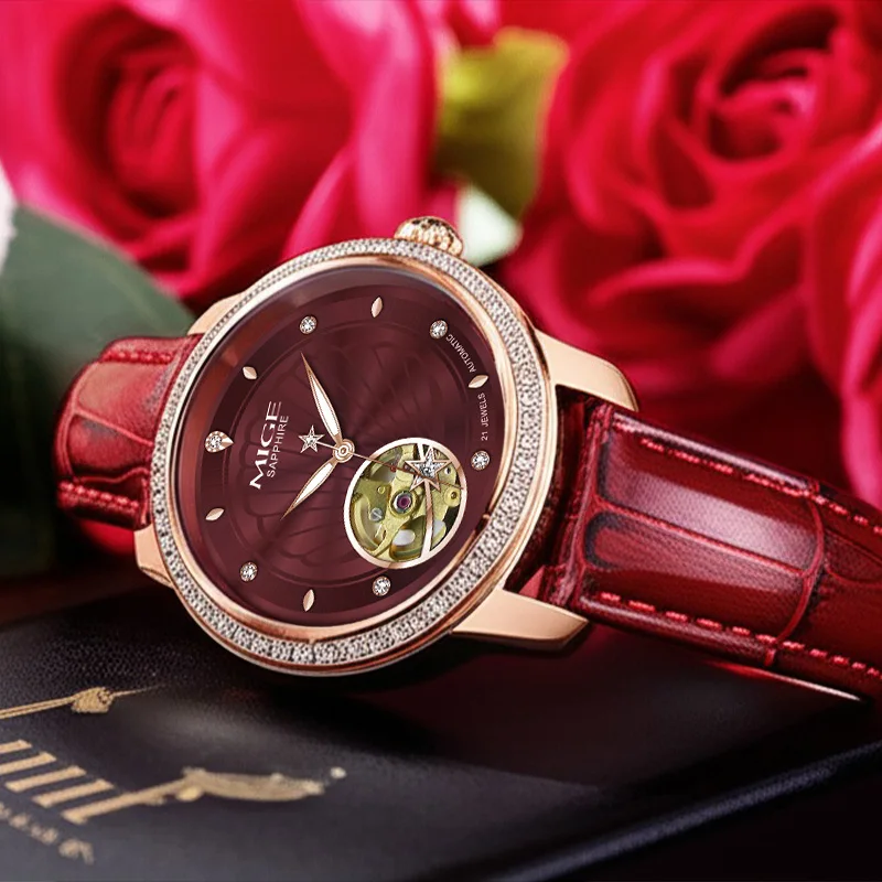 MIGE Ladies Automatic Watch Semi‑Hollow Mechanical Dial Diamond Inlay Sapphire Crystal Red Leather Strap Luxury Elegant Female