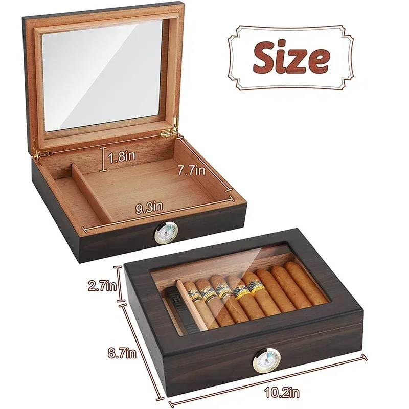 Cigar Humidor, Glass Top Cigar Box with Hygrometer Humidifier and Divider, Desktop Cedar Wood Storage Case Holds 20 Cigars