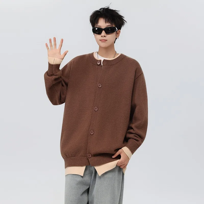 

Color blocking splicing fake two-piece cardigan sweater jacket men's winter hooligan cool base knit sweater top
