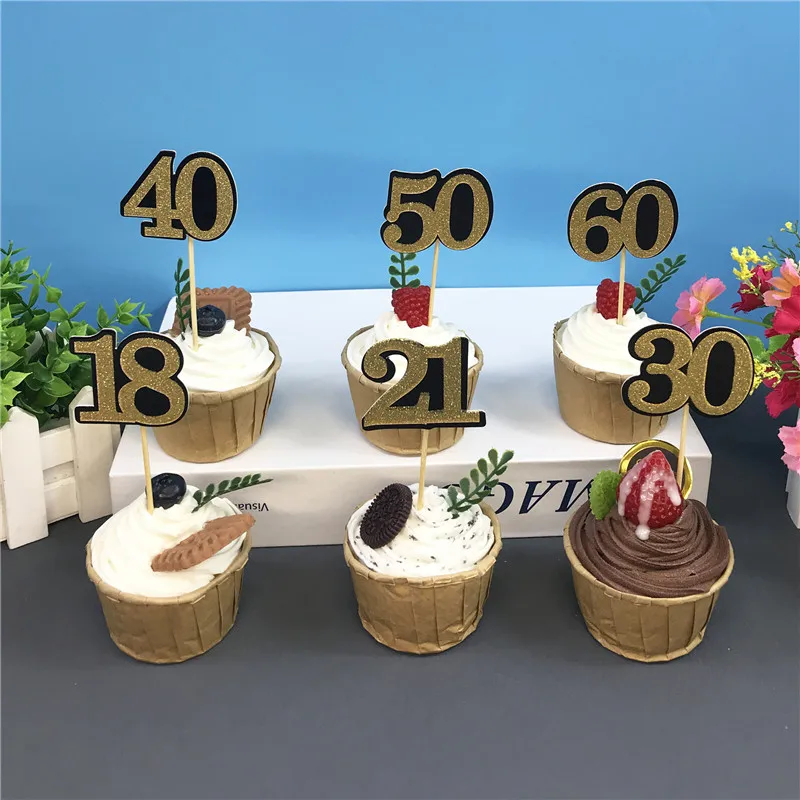 10Pcs Black Gold 8 21 30 40 50 60 Years Old Adult Happy Birthday Party Decoration Anniversary 30th 40th Birthady Cake Supplies