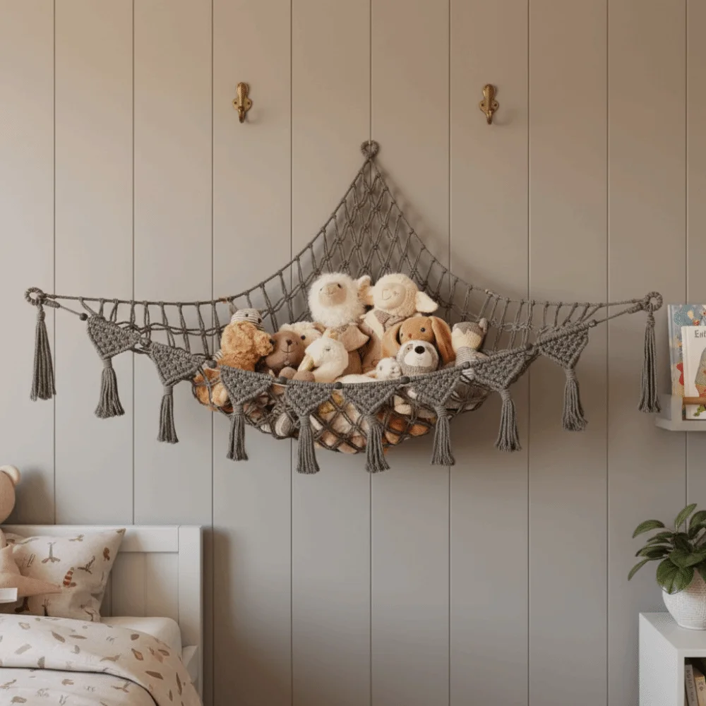 Plush Holder Jumbo Stuffed Animal Hammock Hanging Woven Mesh Toy Net Holder Macrame Triangle Organizer Plush Holder Kids Room view 3