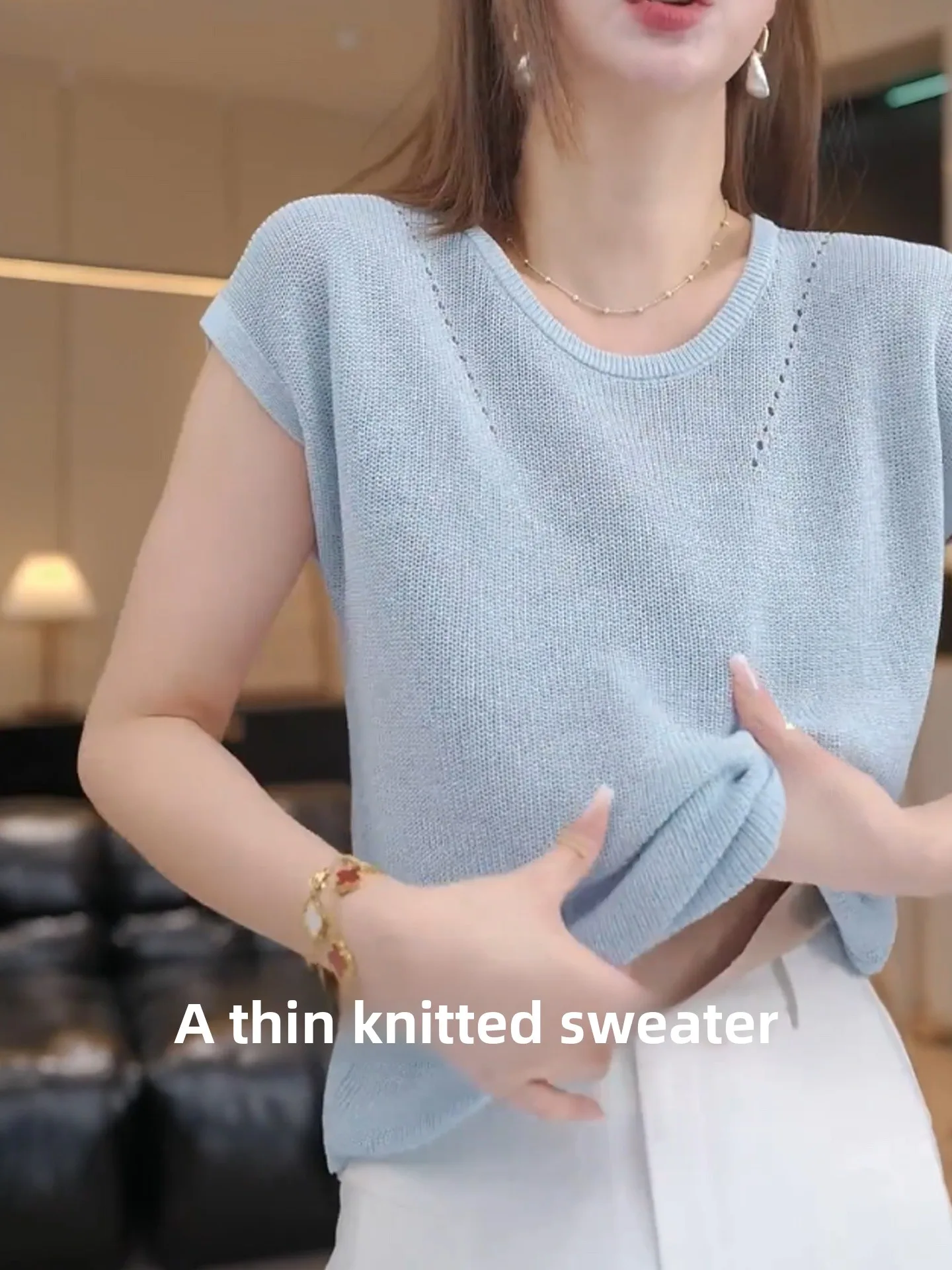 Casual round Ne ort Sve Knitted Top Women's Pure Color Design Summer Leisure Faionable Straight Cut Basic Sle