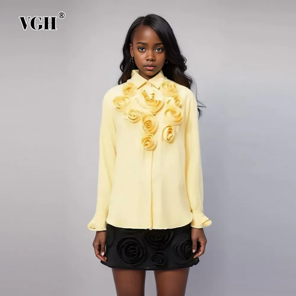 

VGH Solid Patchwork Appliques Casual Shirts For Women Lapel Long Sleeve Spliced Single Breasted Loose Blouses Female Fashion New