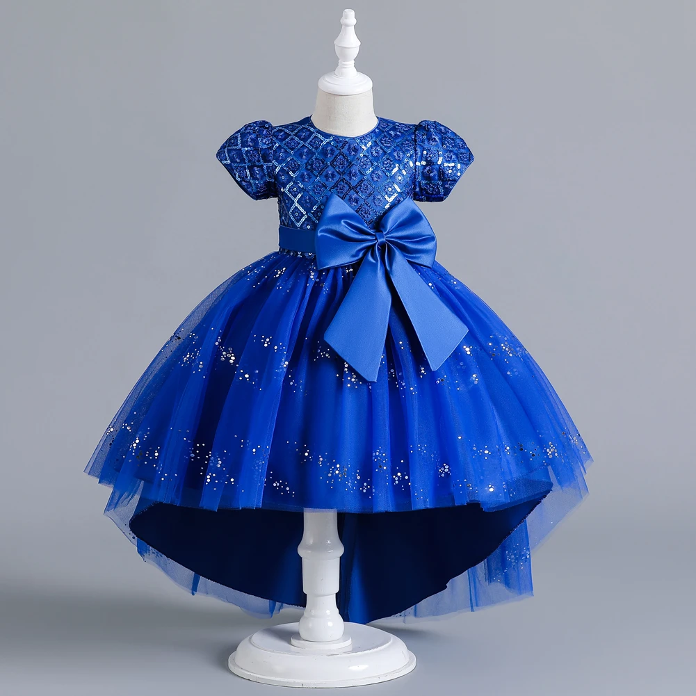 New Autumn Girls\' 3-12 Year Old Round Neck Trail Party Dress with Blue Sequin Bubble Sleeves Princess Dress Suitable for Kid\'s B