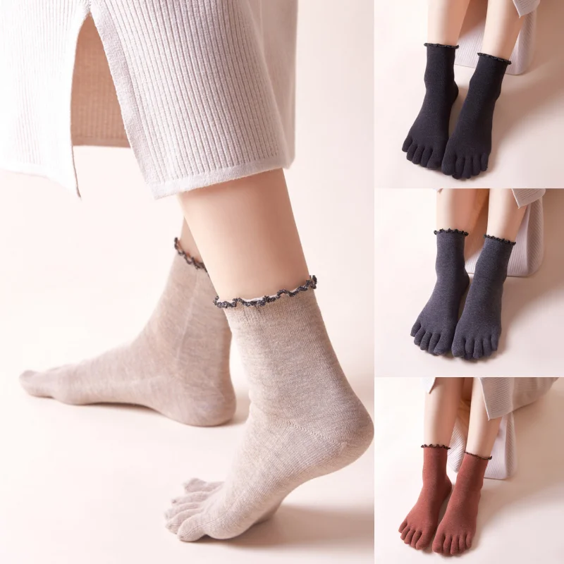 1/3/5 Pairs Women's Solid Color Cotton Five Finger Socks Curl Edge Mid-Calf Split Toe Socks Harajuku Ins Style EU 35-42 US 4-9