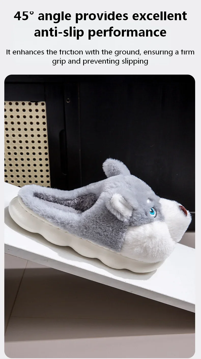 ZUOFU Niedliche Husky-Hund-Plüsch-Hausschuhe Herbst Winter Weiche Flauschige Rutschfeste Komfort-Hausschuhe EU 36-51 – Detail 5