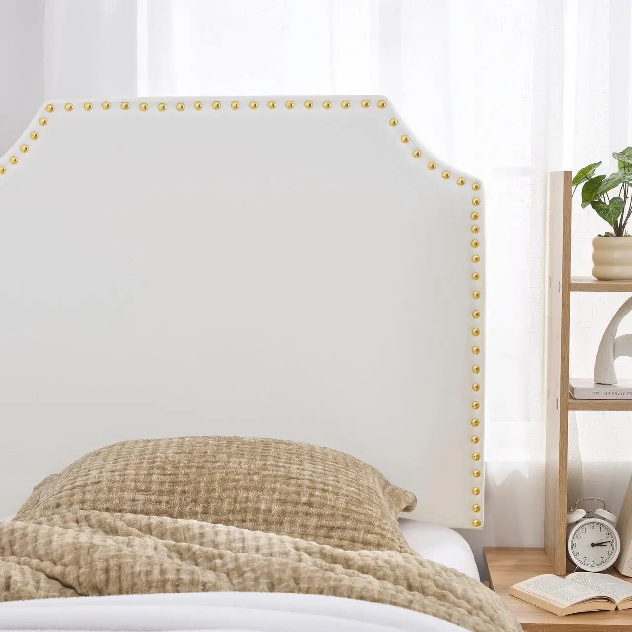 Bevel Tacked Plush Right Side Outlet Headboard with Legs White Gold Rivets, Customized