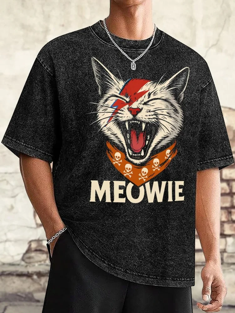 100% غسلها القطن الرجال Meowie روك القط تي شيرت مطبوع موضة الصيف 2025 قصيرة الأكمام الجولة الرقبة Harajuku الشارع المحملة القمم الذكور