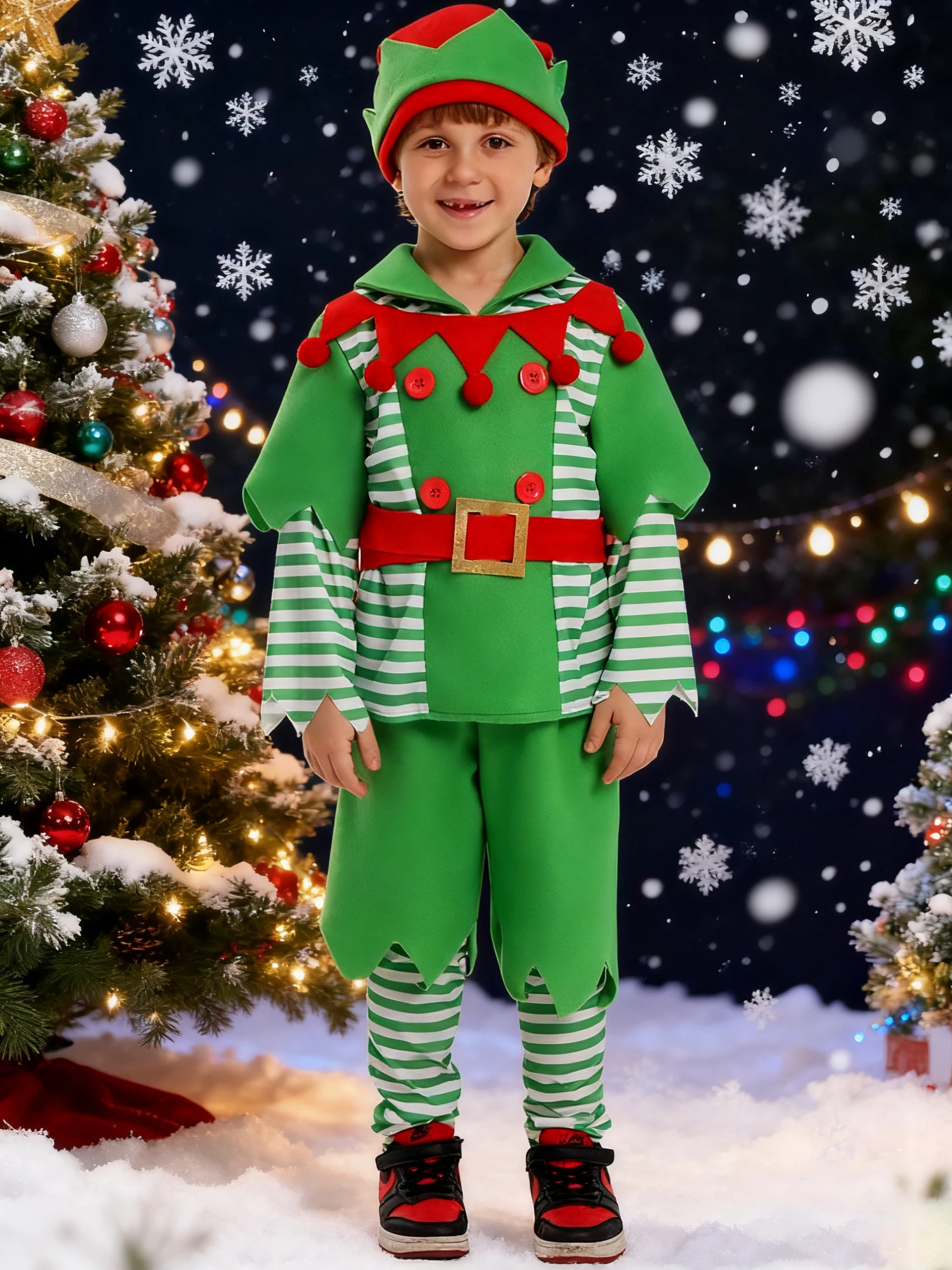 

2025 Children Christmas elf costumes Boys carnival Party sets Girls green elves Halloween cosplay Dressup Outfits 3 4 6 year kid