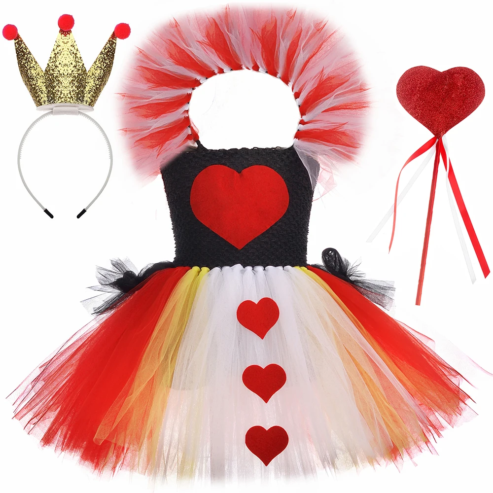 Queen of Hearts Costume Kids Halloween Carnival Party Dresses Wonderland Evil Red Queen Tutu Dress Girls Fancy Princess Dress Up