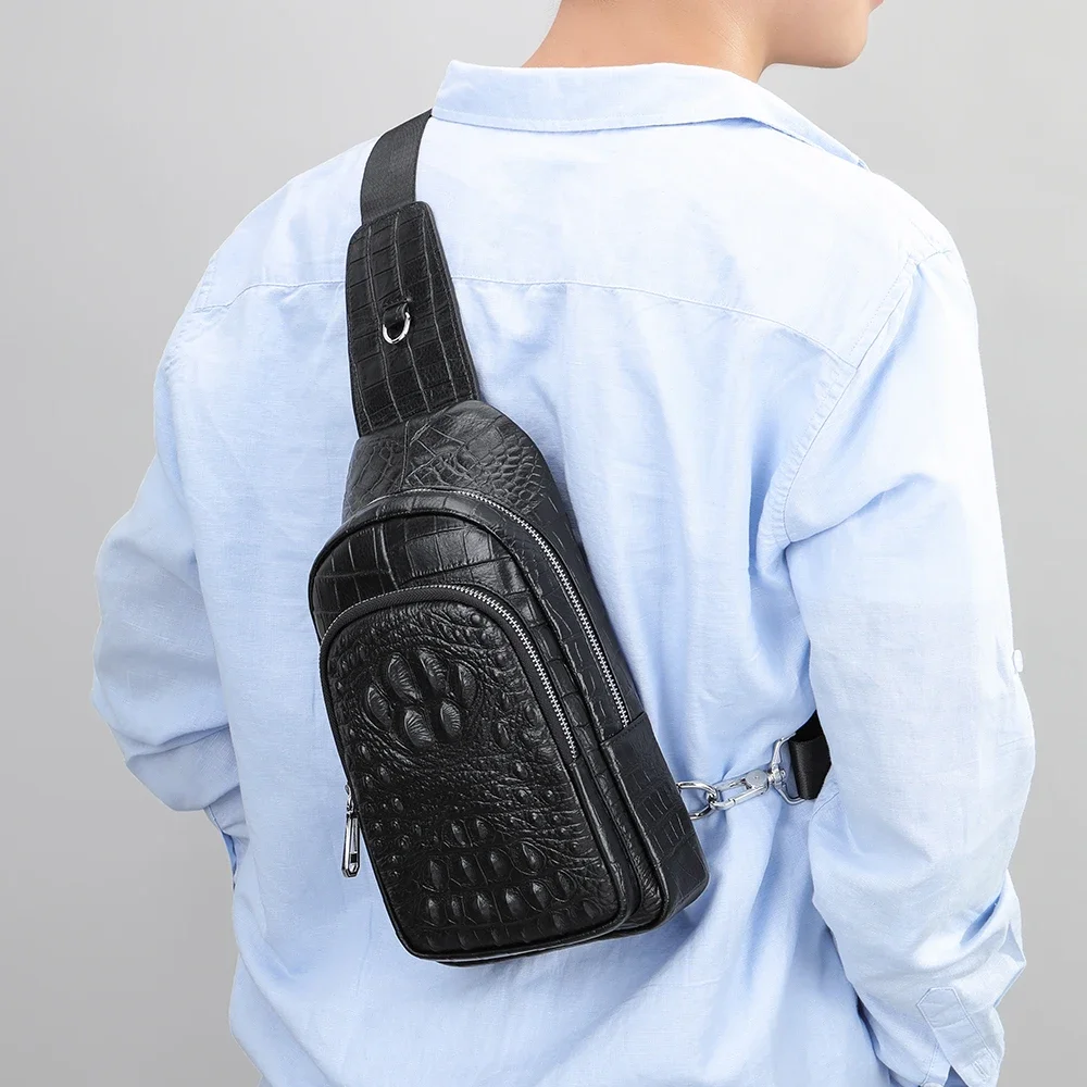 Genuine Leather Sling Bag Anti-Thief Crossbody Bags Chest Pack Man Shoulder Bag For Sport Crocodile Pattern Headphone Hole