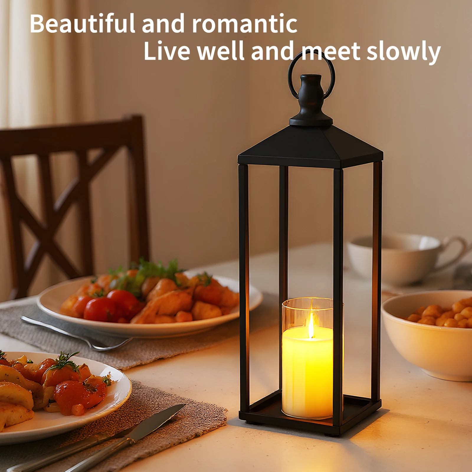 Lanterns Decorative Outdoor & Indoor, Set of 2 Modern Metal Black Lantern with Flameless LED Candles, Halloween & Christmas Decorative Lanterns for Home, Mantle, Patio, Porch, Garden, Floor