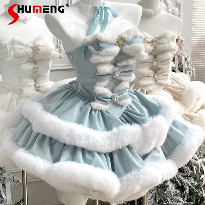 

Autumn Winter Dresses Ceremony Sense Romantic Atmosphere Dating Princess Dress Women's White Sleeveless Bow Vestidos De Mujer