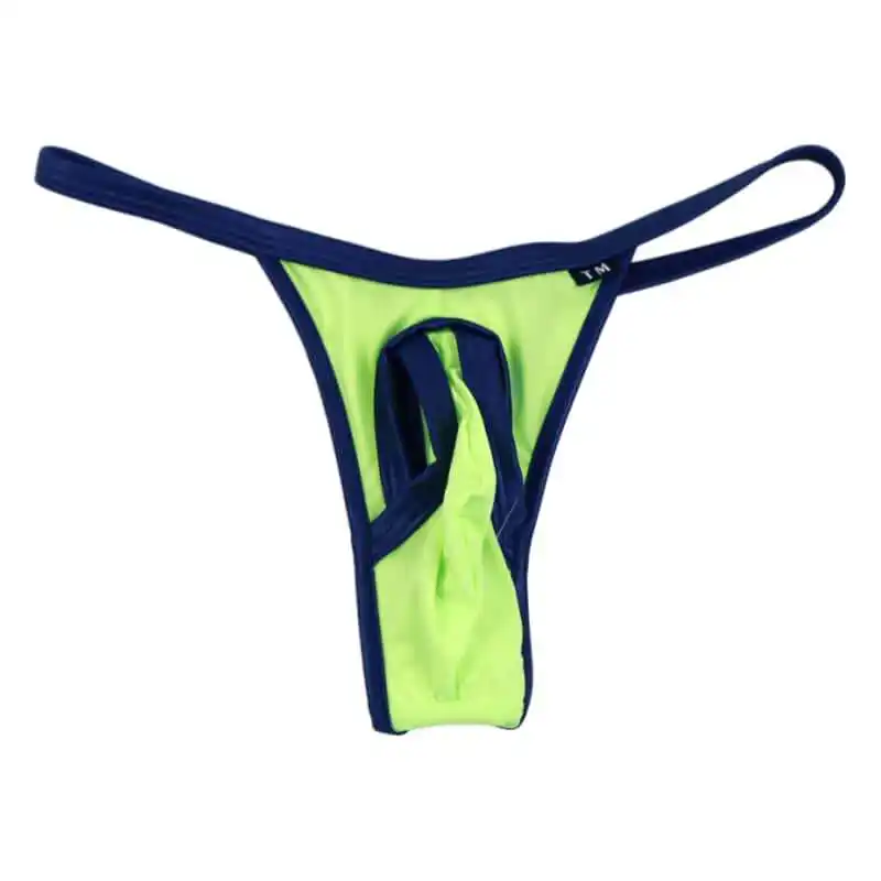 Contrast Color Men Low Rise T-back Thong Ice Silk Unique Front U Convex Pouch Elastic Sexy Minimal Thin Strap G-string Underwear