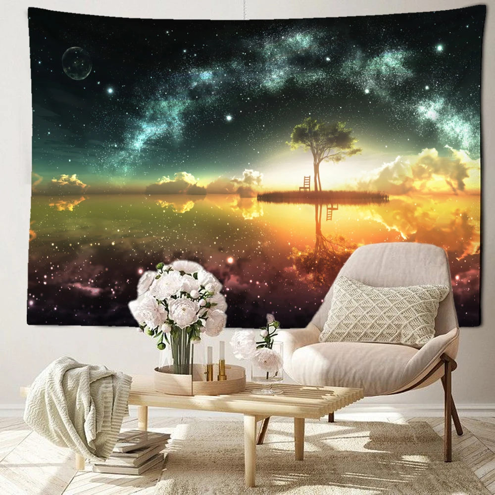 Huxin Tree Night View Tapestry Wall Hanging Abstract Art Starry Sky View Bedroom Living Room Home Decor Background Cloth