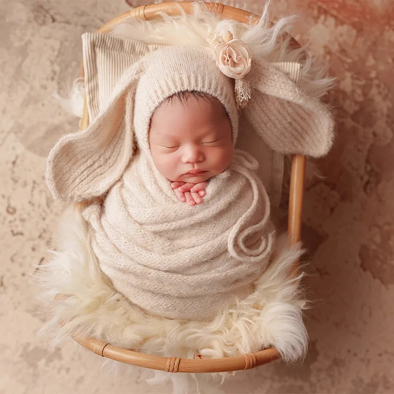 Newborn Bunny Hat with Ears Stretchy Wrap Stuffed Pillow for Photography Props Knitted Infant Rabbit Bonnet Swaddle Wrap Photo