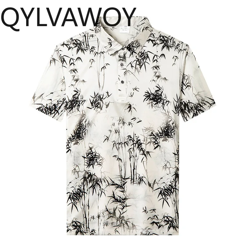 QYLVAWOY 92.5% Real Mulberry Silk Men's Polo Shirts Printed T Shirt for Man Short Sleeve Shirt Lapel Tops Thin Camisas Masculina