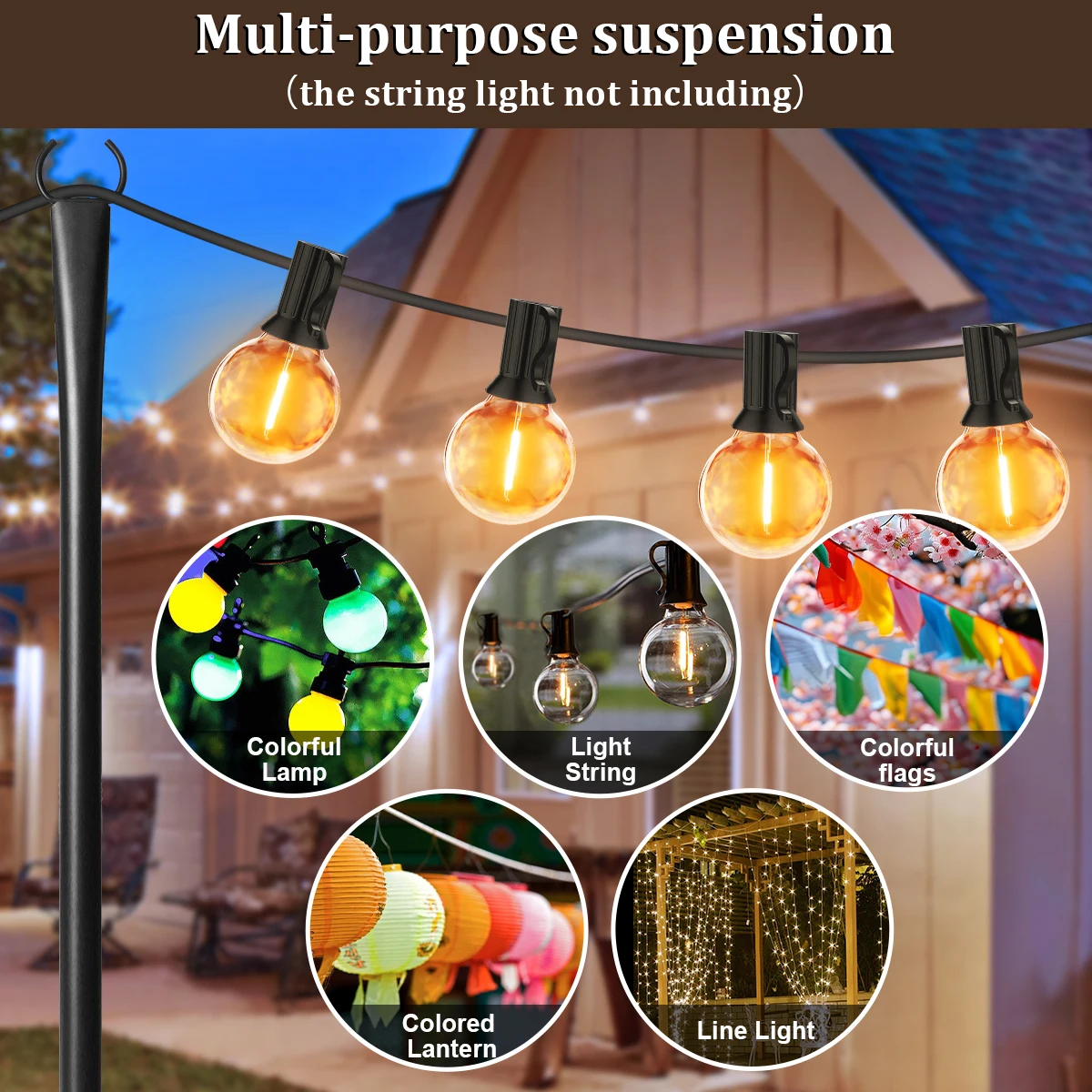 2/4/6 Pack String Light Poles for Outside Garden, Adjustable Heavy-Duty Metal lamp stand for Outdoor String Lights with Fork