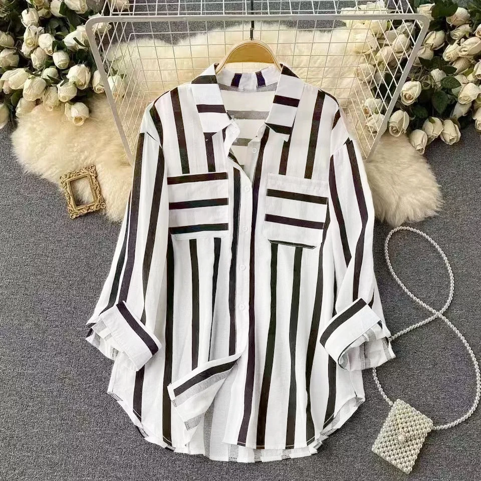 Autumn Women Thin Casual Long Sleeve Shirt Stripe Front Short Back Long Irregular Loose Shirt Korean Office Lady Sweet Chic Top