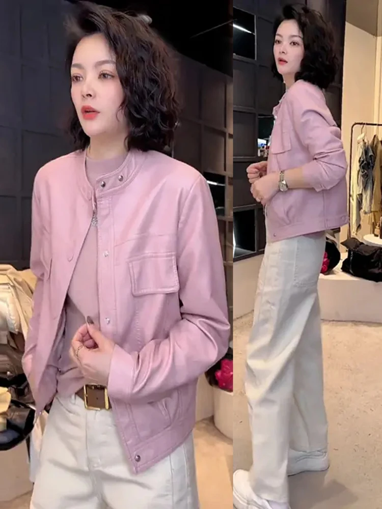 

Корейская модная кожаная куртка с воротником-стойкой для женщин, новая весенняя модель, универсальная, стройнящая, с эффектом высокого качества, топ-куртка