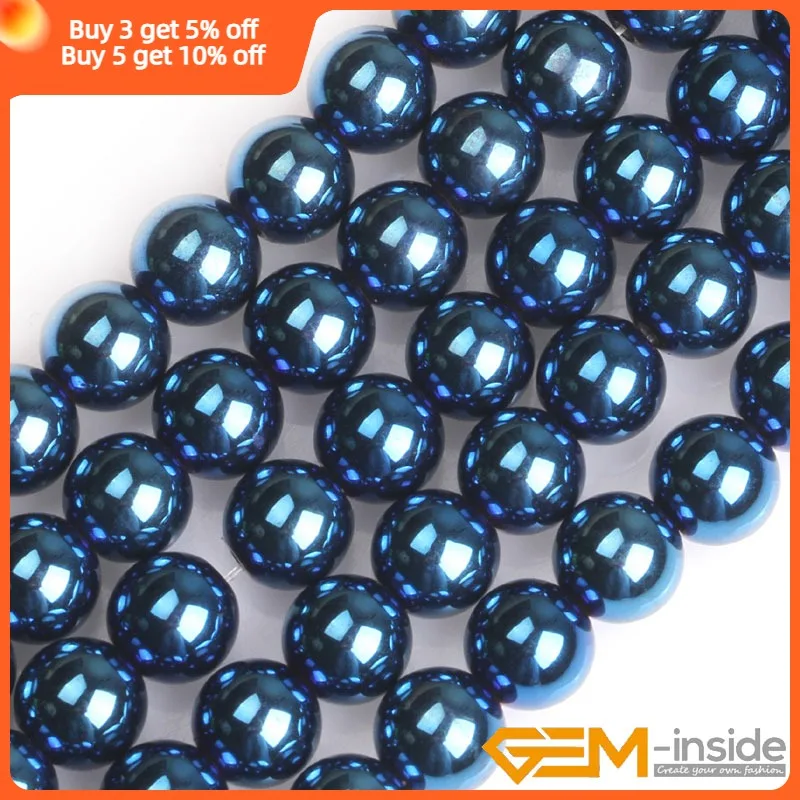 Blue Metallic Coated Round Reflection Magnetic Hematite Beads For Jewelry Making Strand 15\