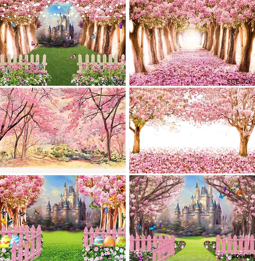 

Cinderella Blue Castle Palace Cherry Blossoms Tree Fence Rainbow Butterfly Garden Backdrop Computer Print Party Background