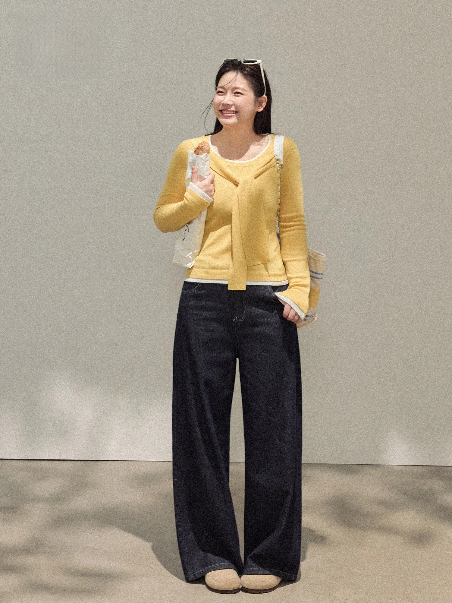 

Вязаный желтый воротник с высокой талией, цветной блуз, джинсовые брюки и топ, комплект больших размеров, женский модный корейский утягивающий наряд