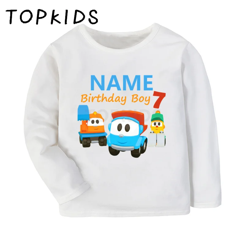 1 2 3 4 5 6 7 8 9 Years Birthday Boys T shirt Leo The Truck Cartoon Customize Name Kids T-shirts Baby Long Sleeve Clothes Gift