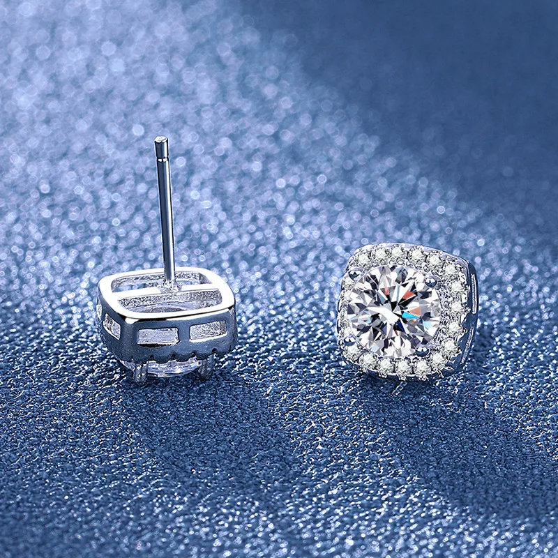 Square-cut moissanite earrings in geometric design with electroplated copper posts featuring vibrant colored stone options inclu