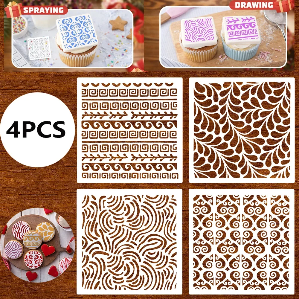 Cake Cookie Stencils 4Pcs 12x12cm, Vine Curve Tile Patterns, Food Grade PET Templates for Baking & DIY Decor