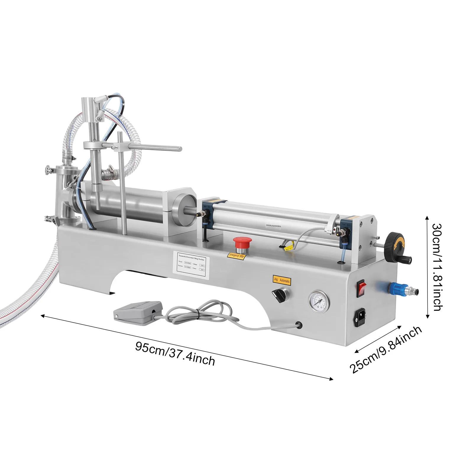 100-1000ml Horizontal Pneumatic Liquid Filling Machine, 40 Bottles/min Single Head Liquid Bottling Filler with Foot Switch and Barometer