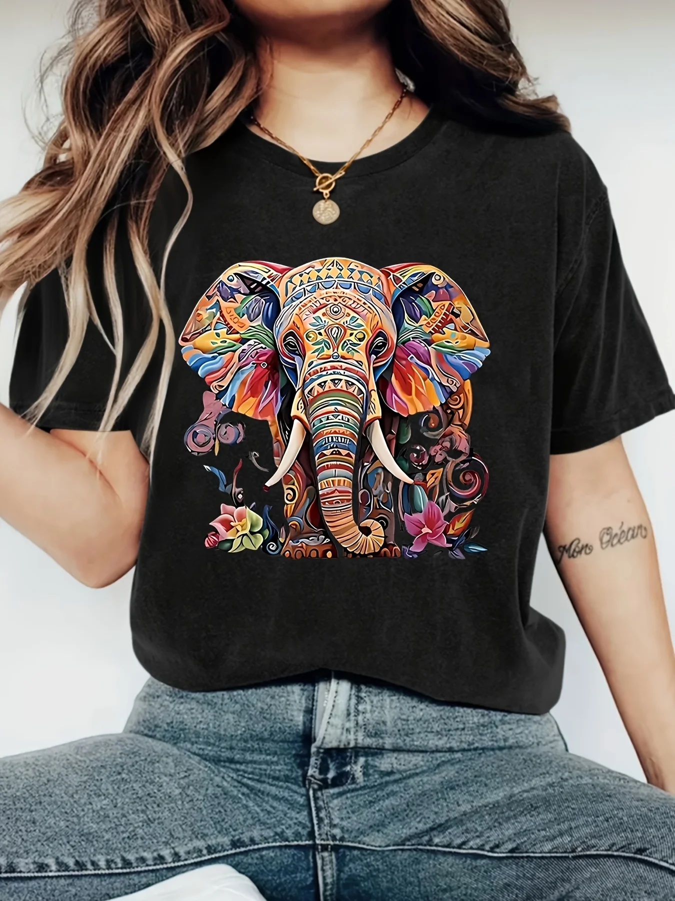 Simple and Colorful Elephant Pattern Printing Fashionable Retro Style Women's Spring and Summer Autumn Casual Sports Style Top Round Neck Short Sleeve T-shirt Multi-color Optional S-XXL