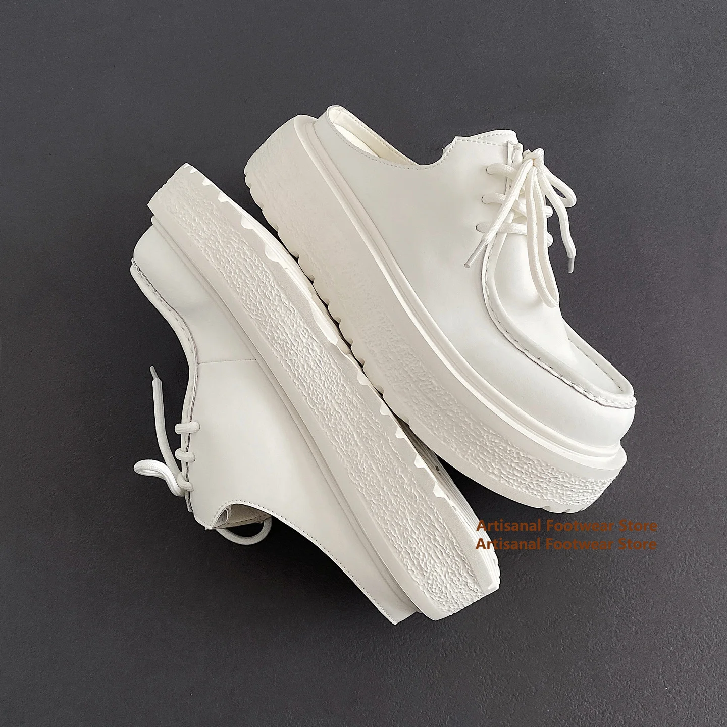 

White Lace-Up Platform Mules Slippers 5Cm Thick Soled Leather Casual Shoes Height Increasing Lace Up Slippers Trendy Men's Shoes