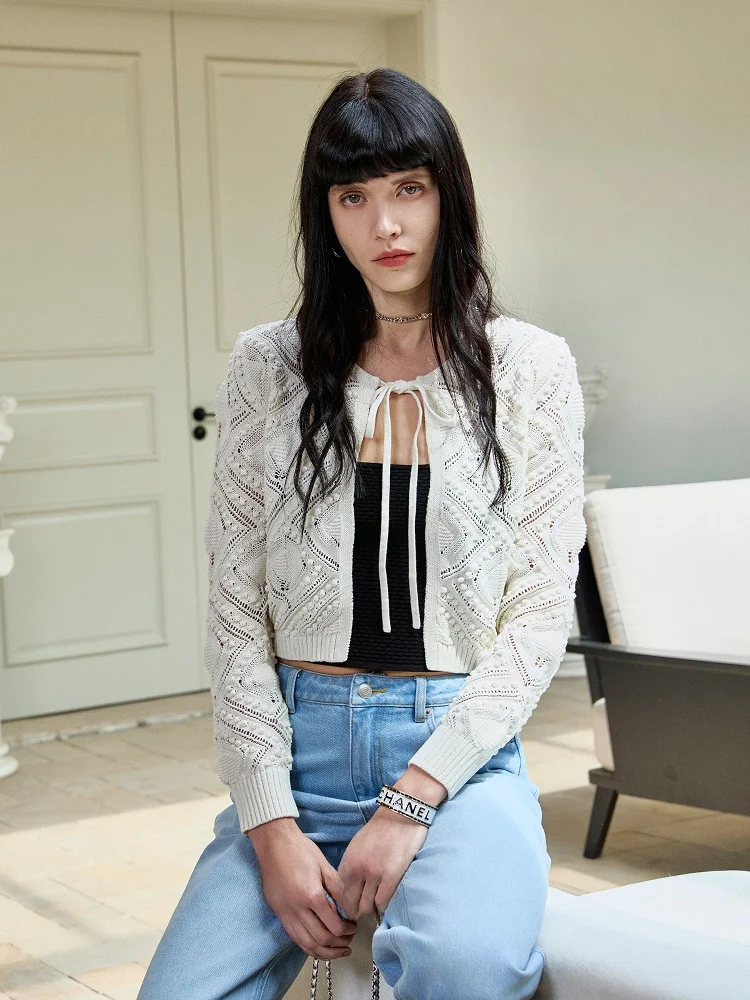 

Roman Holiday High-End Linen Cotton Knitted Hollow out Belted round Ne Open Cardigan 3D Weaving Sensation Women's Knitwear