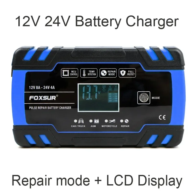 12V 24V 8A Motorcycle Car Pulse Repair Battery Charger UK EU US plug