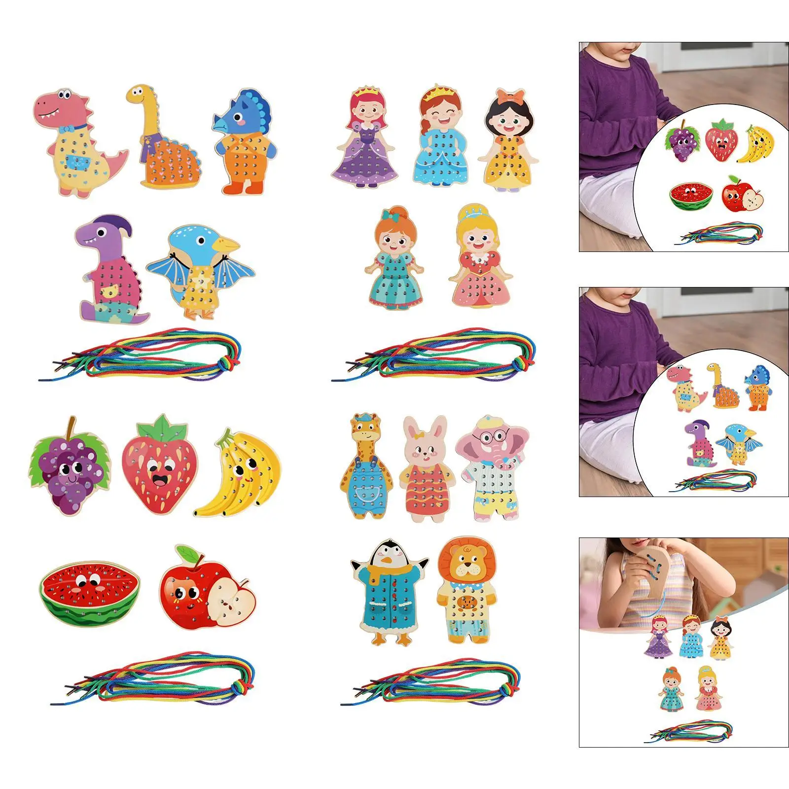 Zabawki do nawlekania dla dzieci i przedszkolaków, drewniane karty do szycia, zajęcia sznurowaniem.