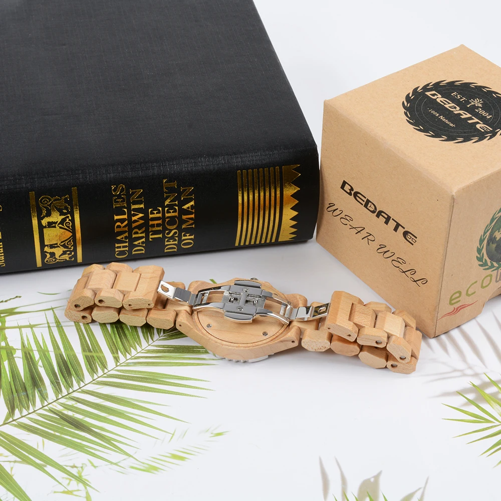 Hölzerne Quarzuhr für Damen, handgefertigt, leicht, Datumsanzeige, modische Uhren