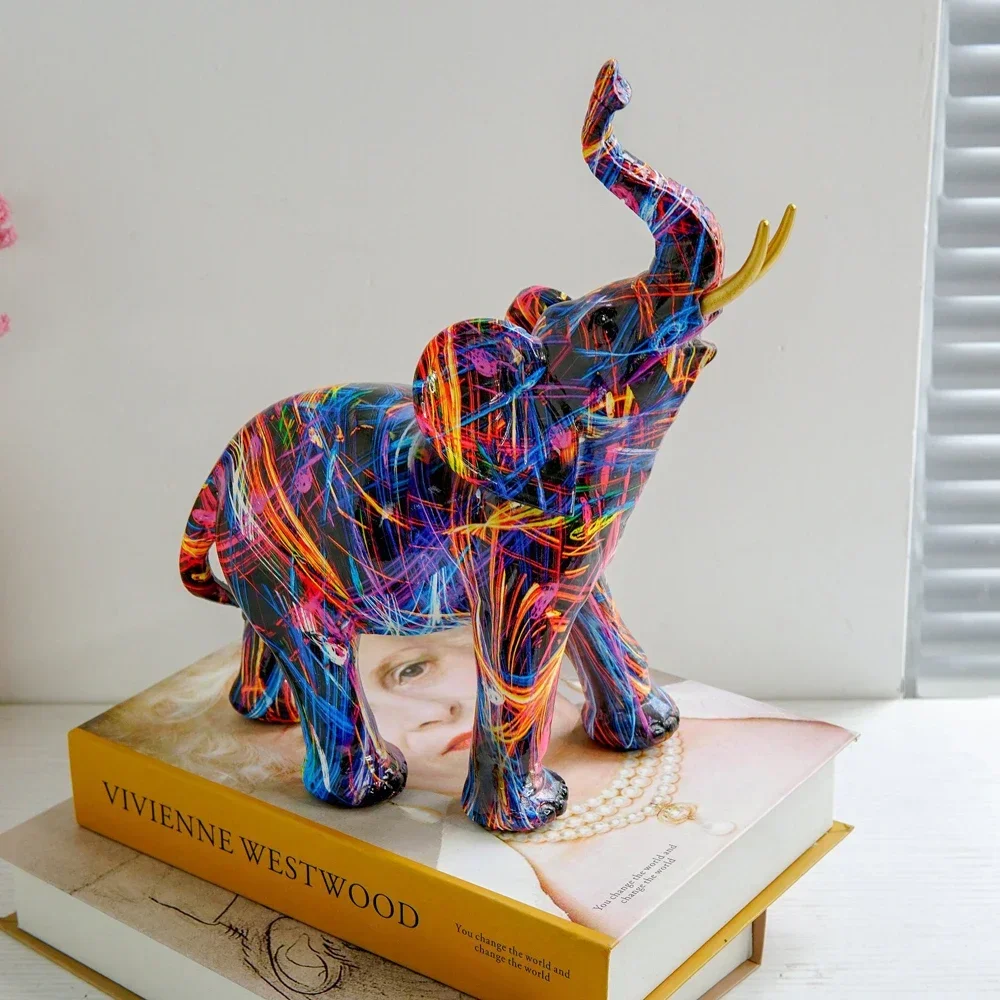 Colorful Painting Elephant Art Sculpture Figurine Creative Graffiti Elephant Resin Statue Crafts Home Porch Garden Desktop Decor