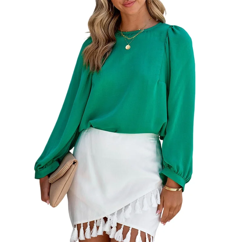 Ele Sle Long Sve Satin Women's Pullover irt Faionable Simple Top for Autumn Season Comfortable Loose Fit Design