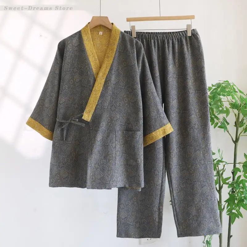 Japanese Style Kimono 2PCS Pajamas Set Men's Cotton Sleepwear Loose Casual Pijama Mujer Home Clothes Male Retro Printed Pyjamas