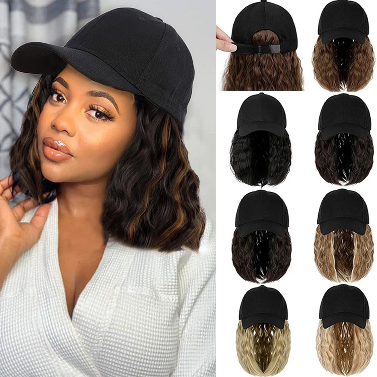 Difei Black Long Synthetic Fluffy Curly Wave Hair Wigs With Hat Baseball Cap Naturally Connect Adjustable Hat Wig For Women