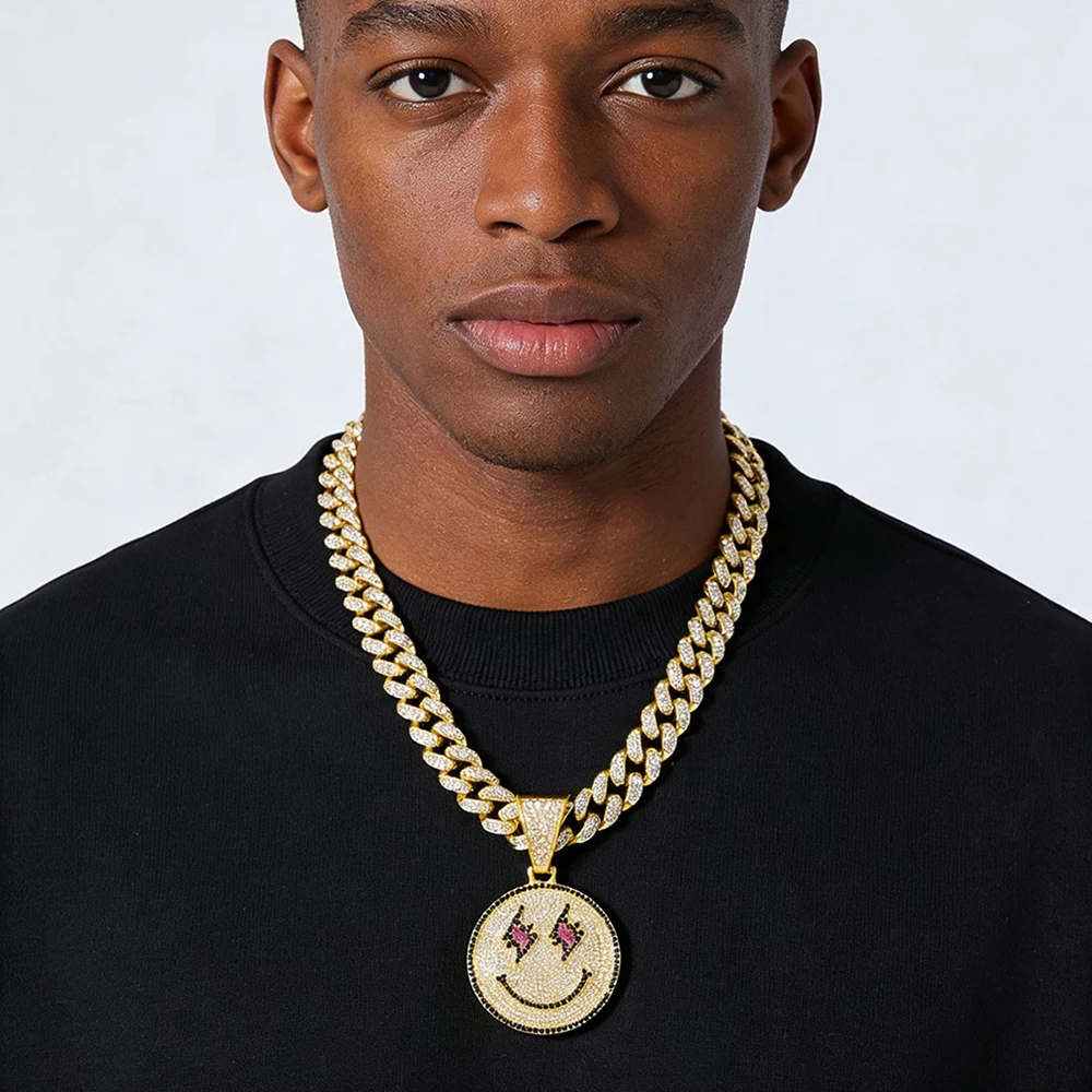 Hip Hop Smiley Face Lightning Eyes Round Pendant Cuban Chain Necklace Fashion Popular Daily And Party Wear Jewelry view 2