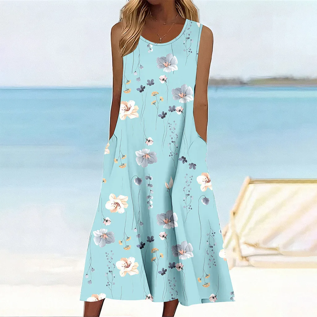 2025 Donna PLUS TAGLIA Estate Senza maniche Stampa Abito casual per le vacanze Abbigliamento donna Abiti Femininos Frete Grátis