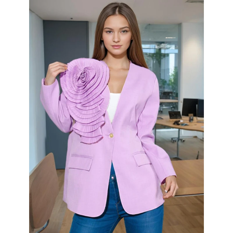 

Single Button V Collar Suit 2025 Three Dimension Flower Patchwork Pockets Casual Office Blazer Outwear For Women