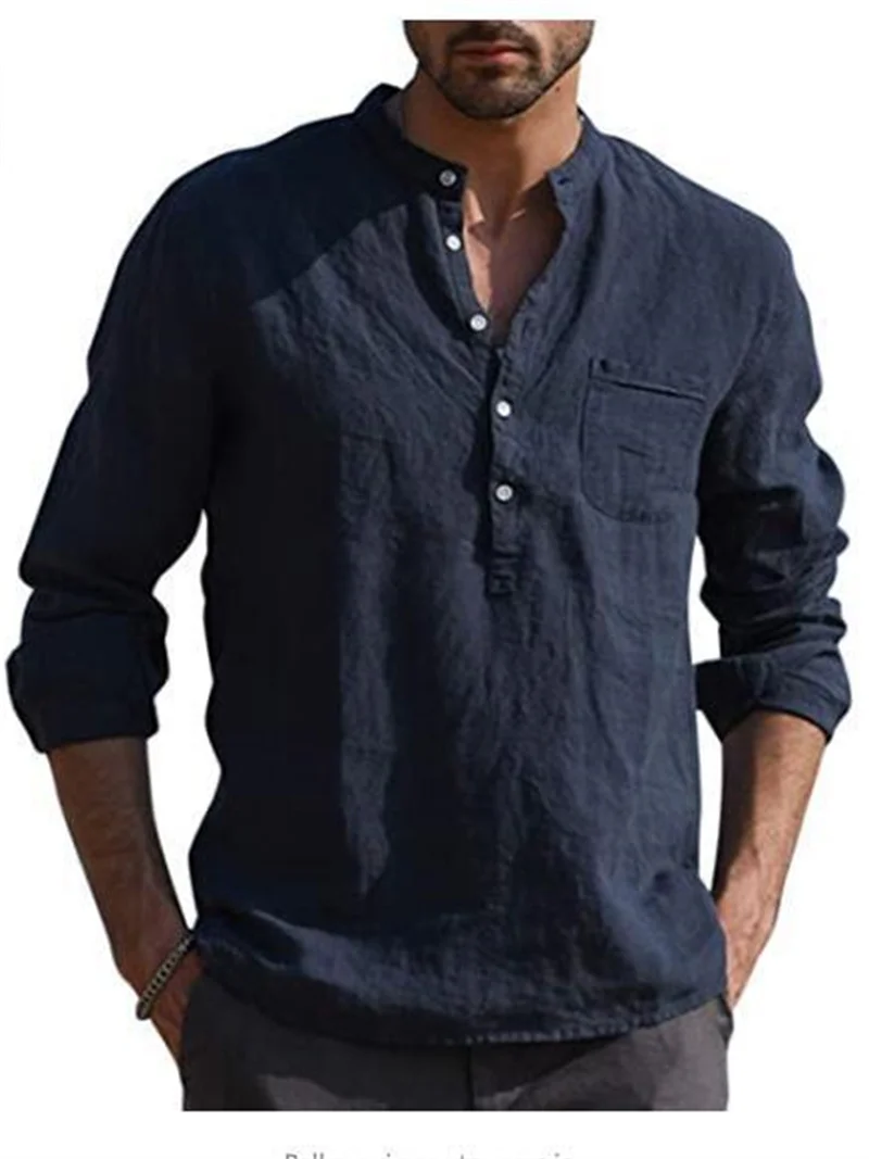 Men's Chest Splicing Pocket Shirt Solid Color Beach Casual Loose Button Stand Collar Blouse Male Youth Linen Long Sleeve Tops 22
